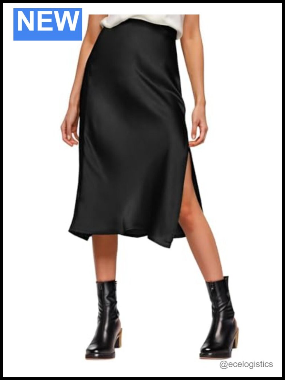 Satin High Waist Slit Midi Skirt Women Pull On A-Line